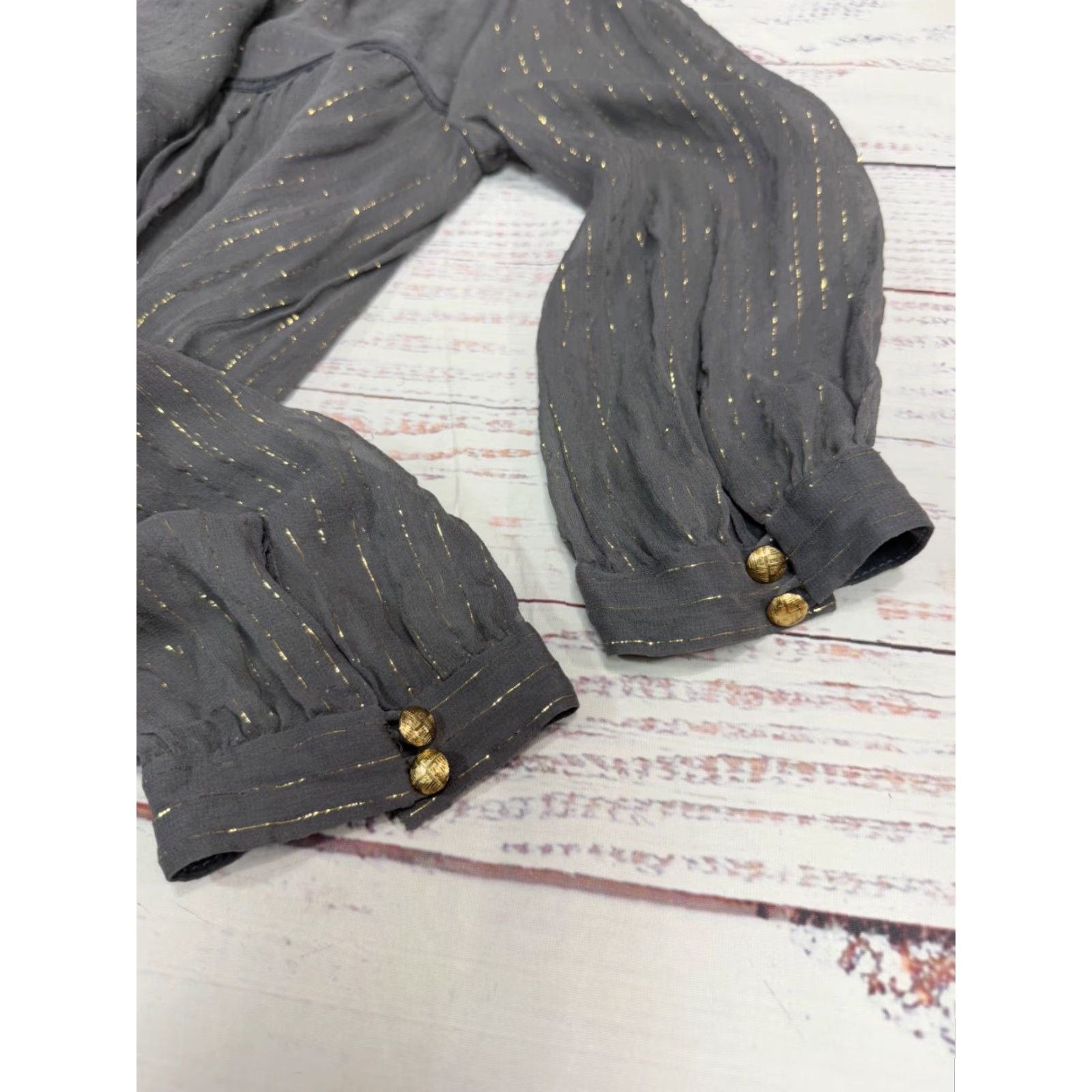 MILLY VINTAGE Milly Womens Silk Blend Midi Dress Sz 2 Gray Gold Shimmer Sheer Long Sleeve Dress Size XS / US 0-2 / IT 36-38 - 4 Thumbnail