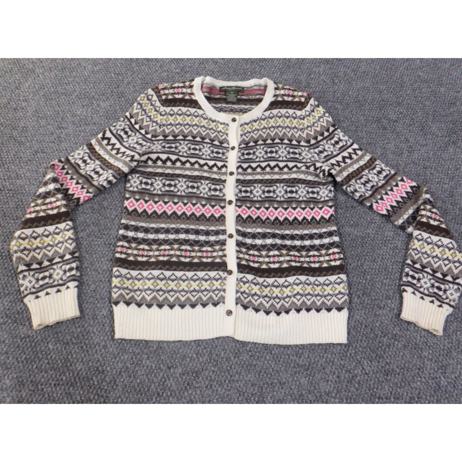 Eddie Bauer Eddie Bauer Sweater Womens S Brown Geometric Cardigan Knit Wool Cable-Knit Crew Neck Long Sleeve Raglan Vintage No Pattern: Geometric Size S / US 4 / IT 40 - 6 Thumbnail