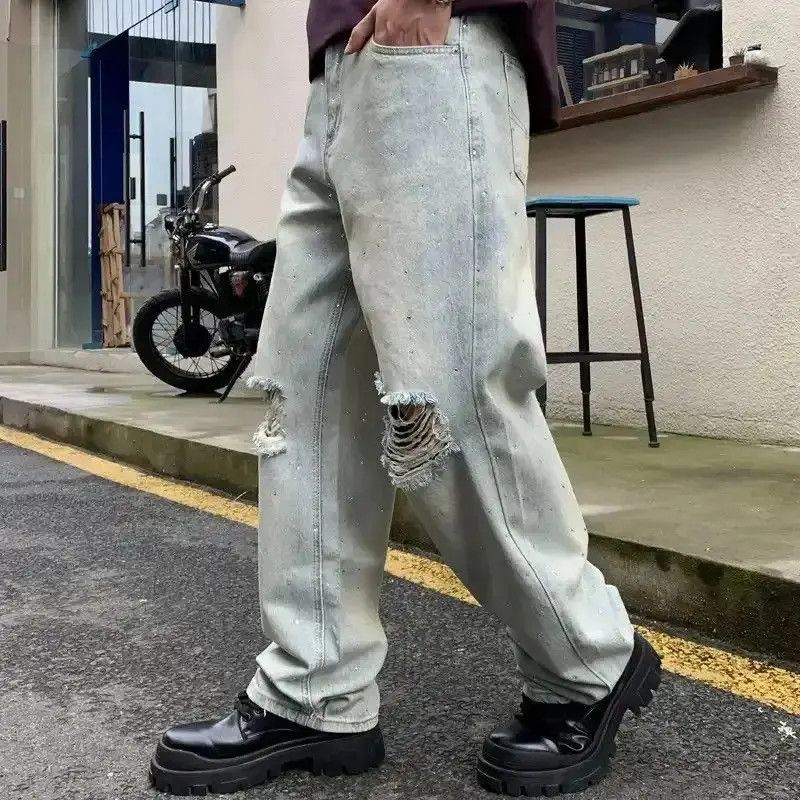 Japanese Brand Ripped On Knee Baggy Jeans Vintage Blue Full Crystal Printed Size US 32 / EU 48 - 3 Thumbnail
