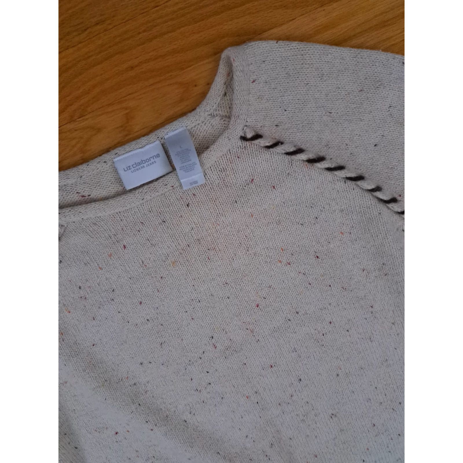 Liz Claiborne Liz Claiborne Sweat e r Knit Cotton Roped Trim Sweater Large Women Cream Long Sleeve Round Neck Pullover 21in Long 21in Pit to Pit Size L / US 10 / IT 46 - 2 Thumbnail