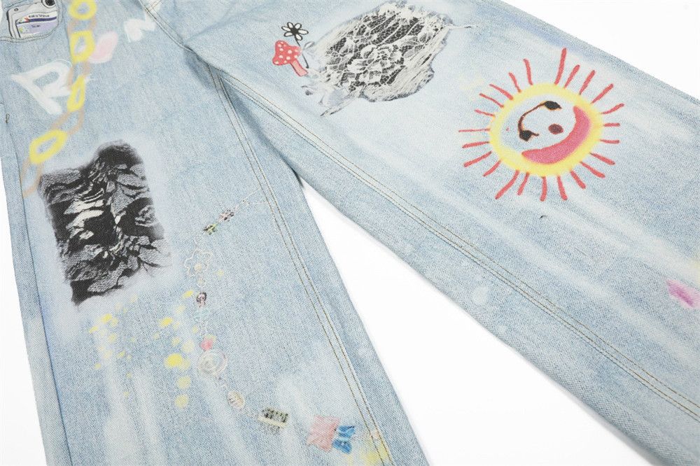 Vintage Hip Hop Men's High Street Graffiti Print Wide-Leg Jeans Size US 32 / EU 48 - 4 Thumbnail