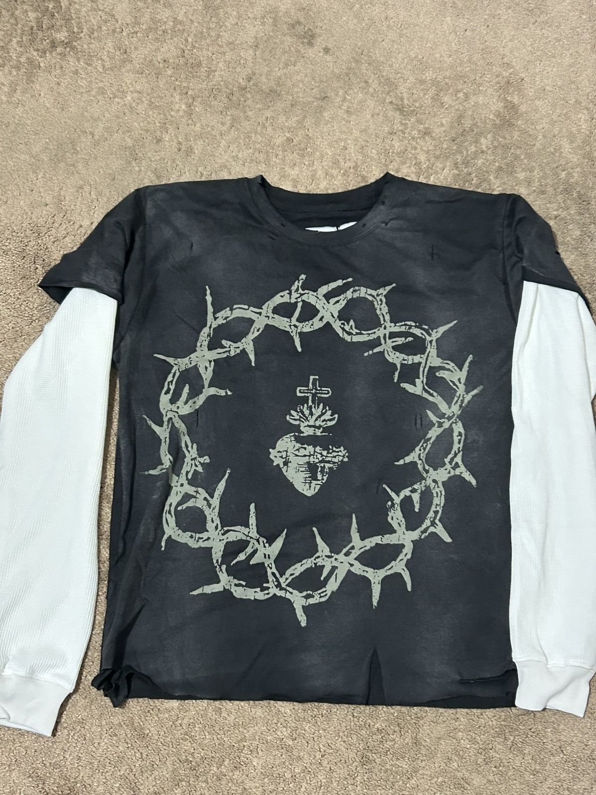 Distressed sacred heart double sleeve tee