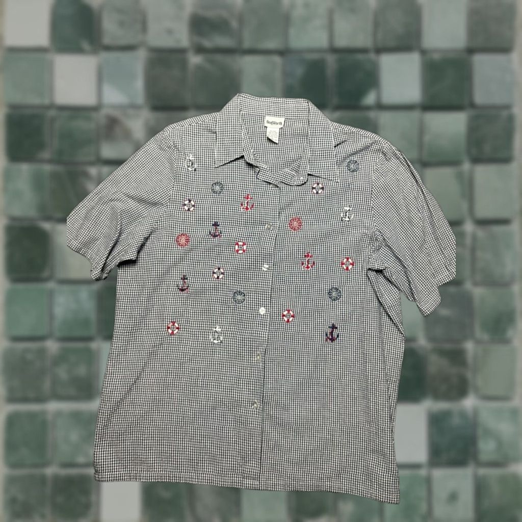 Vintage BON WORTH Top Womens Large L Blue Nautical Button Up Short Sleeve Embordered Shirt Size L / US 10 / IT 46 - 1 Thumbnail