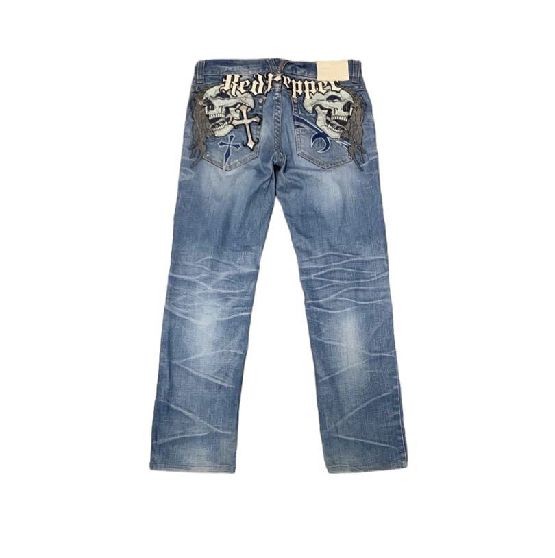 If Six Was Nine Vintage Red Pepper Embroidery Skull Faded Blue Jeans Size US 33 - 1 Thumbnail