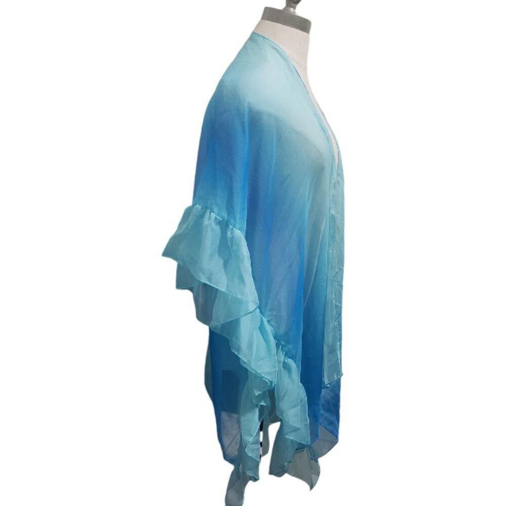 Designer CT1843 Sheer Aqua & Turquoisr Ruffle Trim Cover up OS Size ONE SIZE - 4 Thumbnail