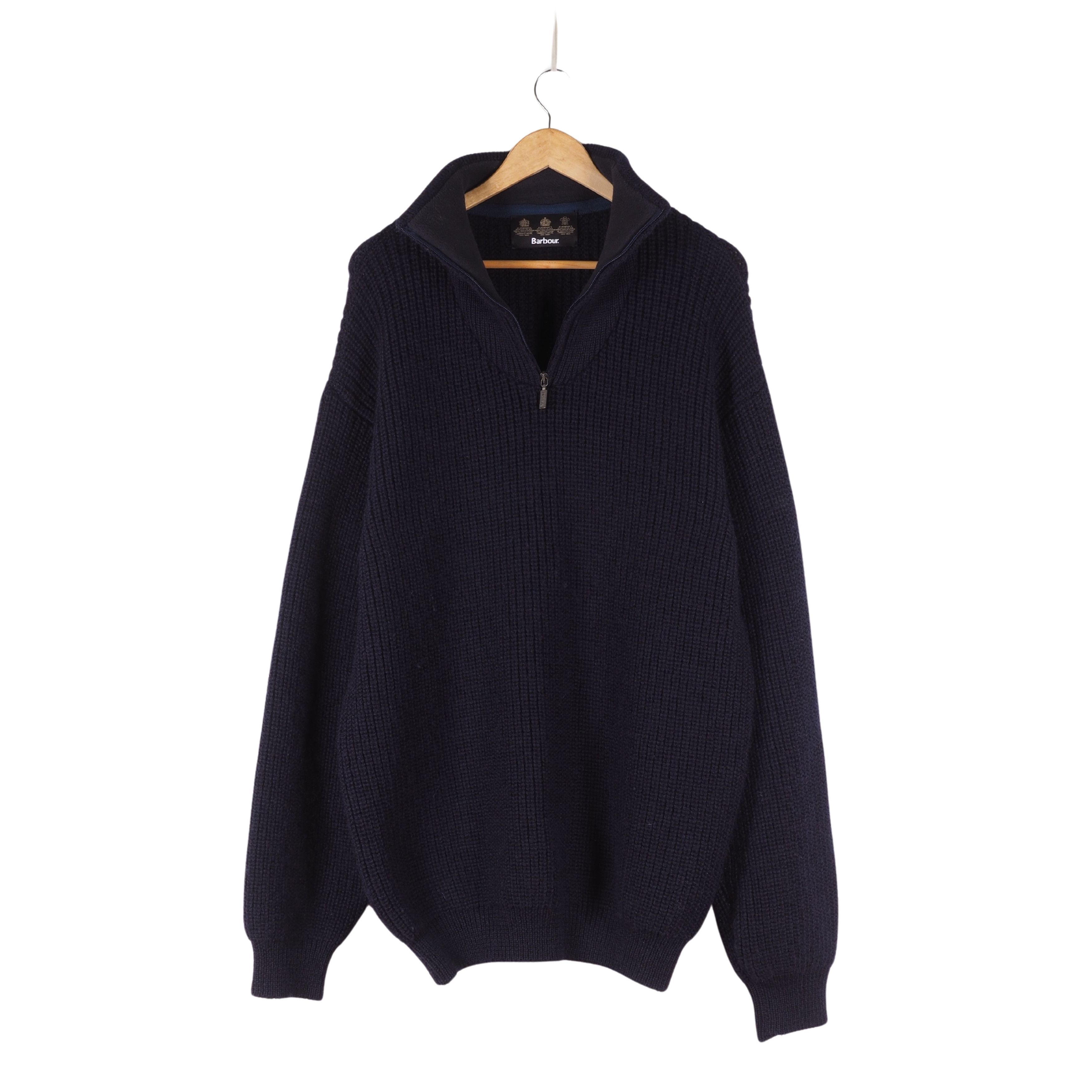 image of Barbour Vintage Tyne Zip Neck Blue Wool Knit Heavy Sweater, Men's (Size Large)