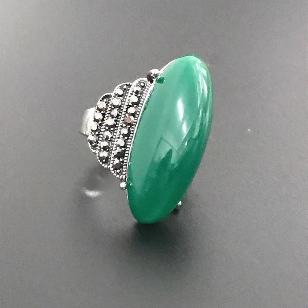 Designer Vintage 32mm Green Amber Antique Silver Ring - Size 8 Size ONE SIZE - 5 Thumbnail