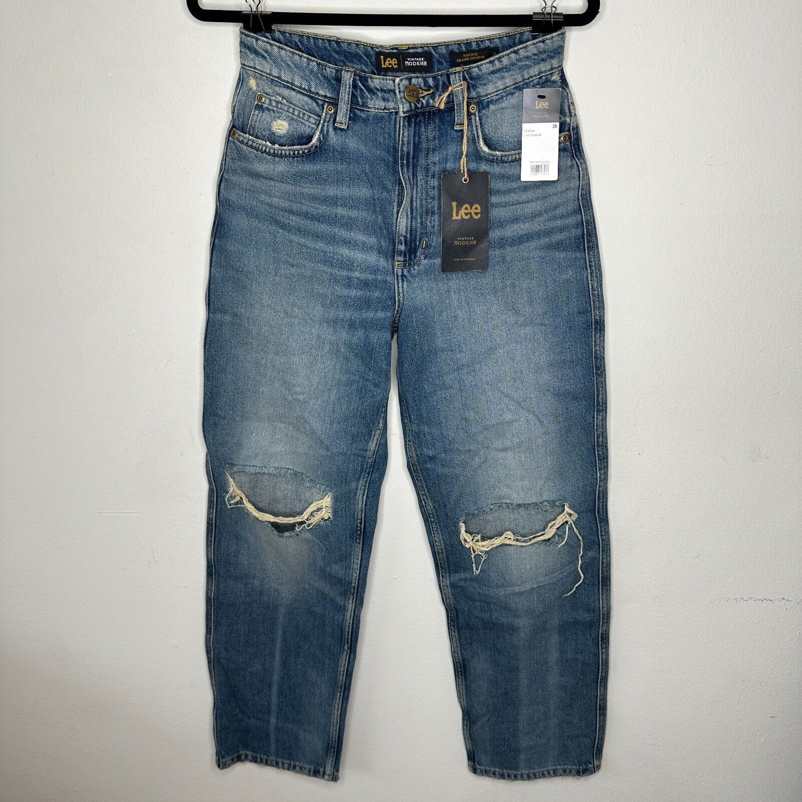Lee NWT Lee Medium Blue High Rise Stovepipe Distressed Jeans 28 Size 28" / US 6 / IT 42 - 1 Thumbnail