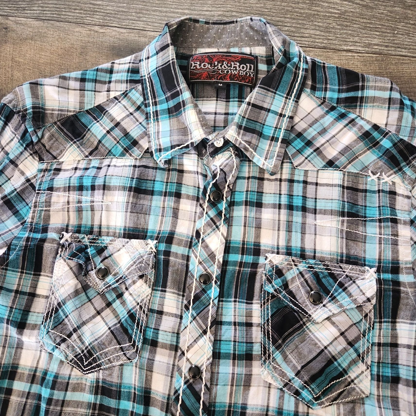 Vintage Rock And Roll Cowboy Pearl Snap Shirt Mens Medium Teal Plaid Thick Stitch Regular Button-Up Short Sleeve Collared Pocket Cowboy USA Western Mens Size US M / EU 48-50 / 2 - 4 Thumbnail