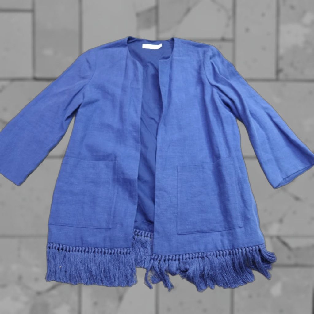 Tory Burch Tory Burch Cardigan Jacket Blue 6 Open Front Tassels Linen Knit Womens Jacket Size M / US 6-8 / IT 42-44 - 1 Thumbnail