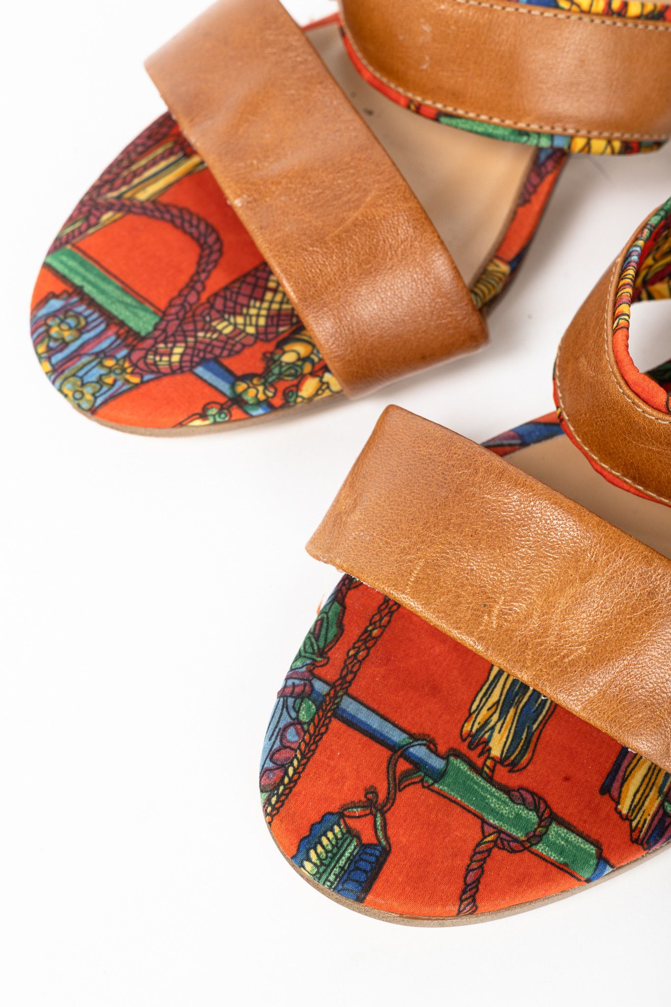 Hermes Hermes Brown Leather & Orange Printed-Silk Mule Sandals Size US 7.5 / IT 37.5 - 8 Thumbnail