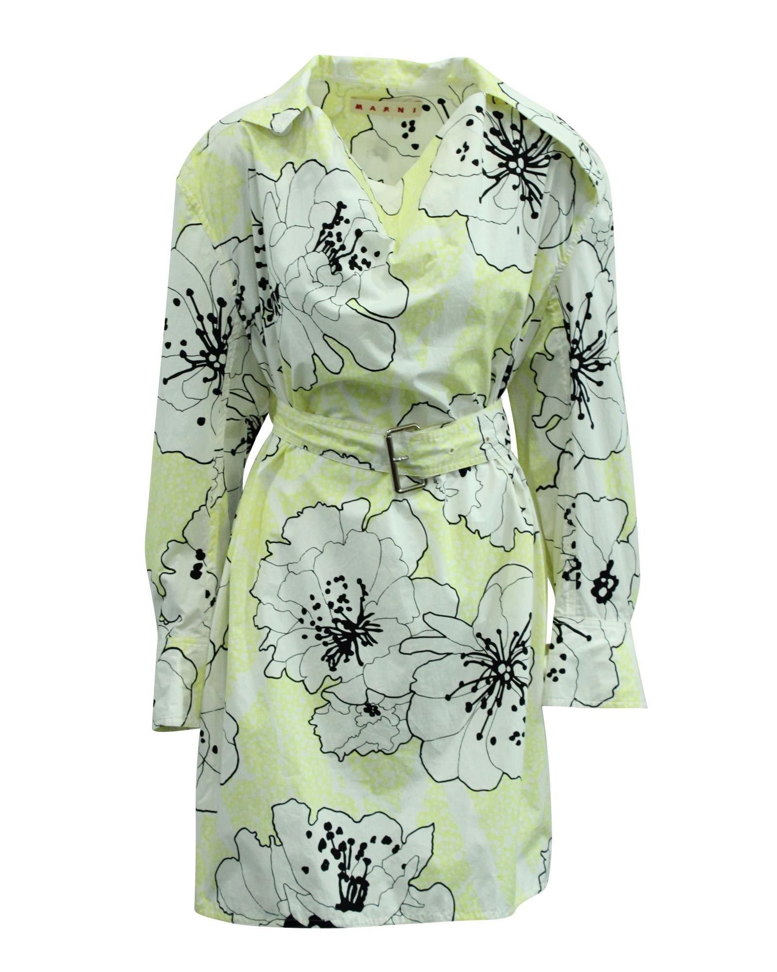 image of Floral Belted Dress In Yellow Cotton By Marni, Women's (Size Small)