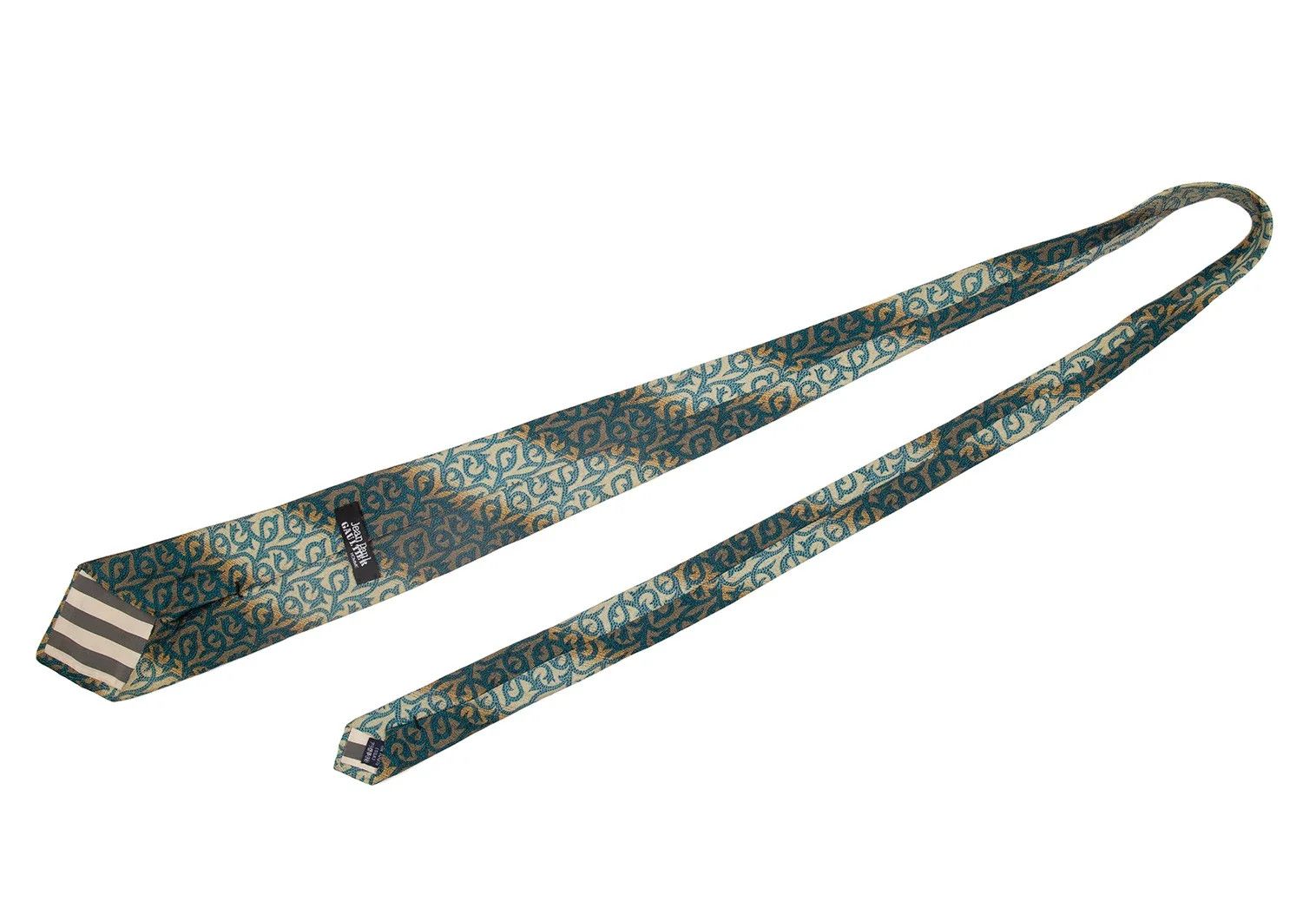Jean Paul Gaultier Silk Regimental Tie in Beige and Teal Green Size ONE SIZE - 4 Thumbnail