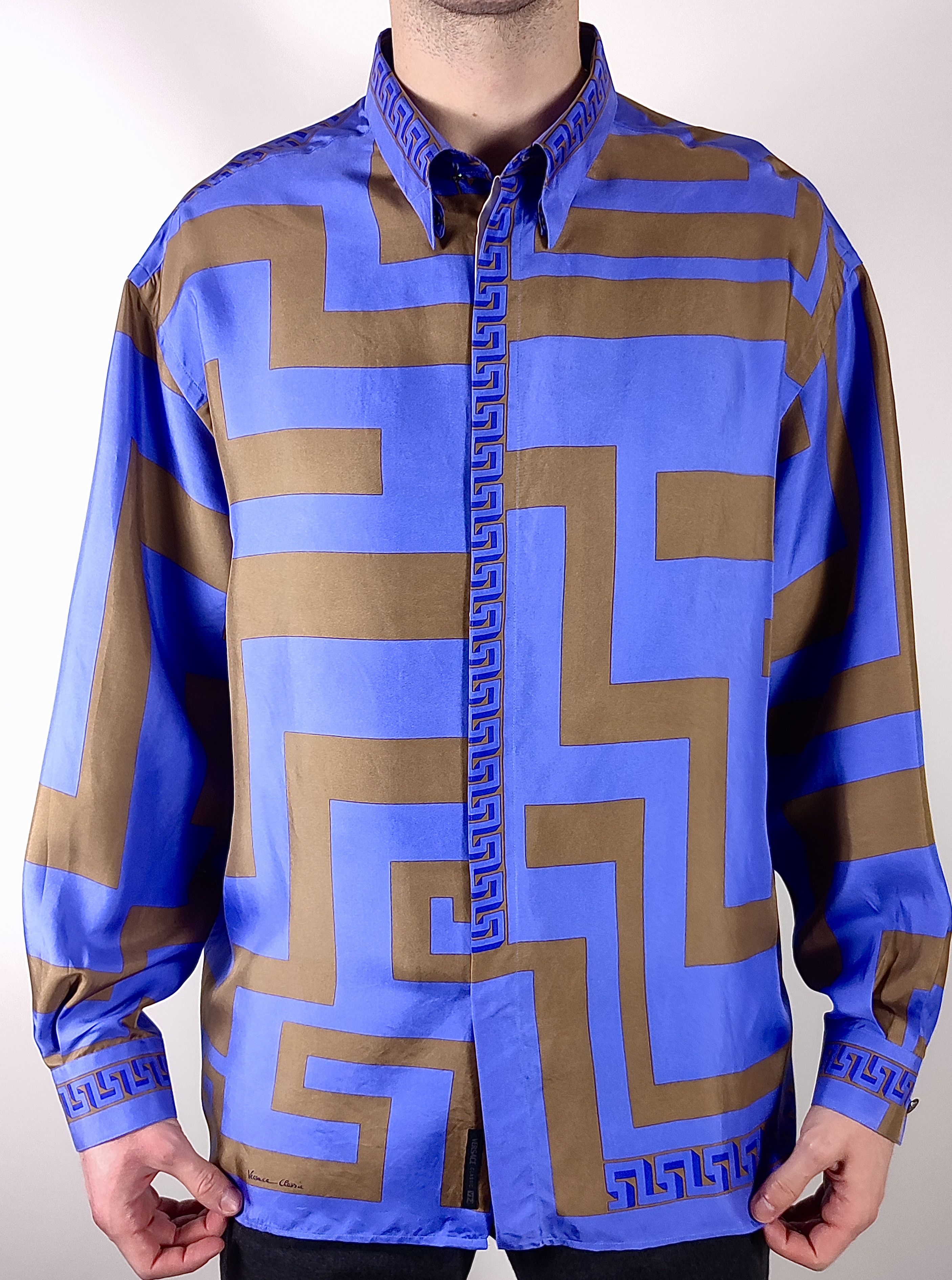 image of Versace Silk Multicolor Full Print Shirt in Purple, Men's (Size XL)