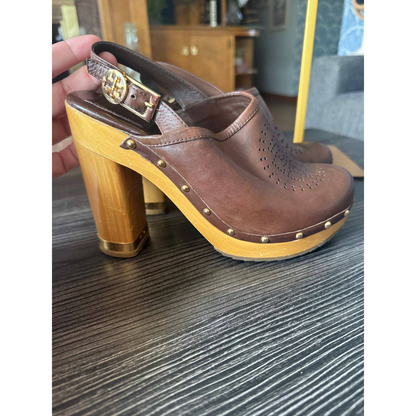 Tory Burch Tory Burch Brayden Leather Logo Slingback Wood Clog Sz. 7 Size US 7 / IT 37 - 1 Thumbnail