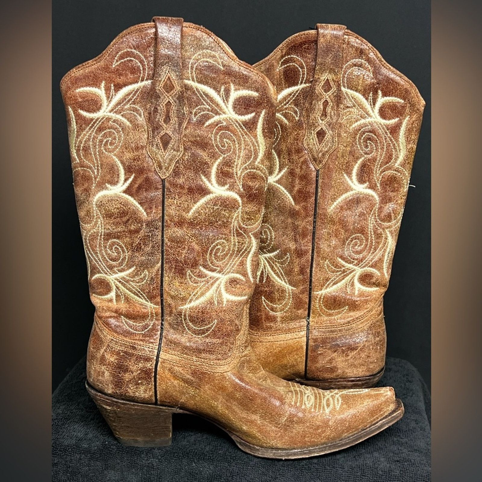 Corral Corral® Tan Cognac Embroidered Square Toe Cowboy Boots Size US 10 / IT 40 - 4 Thumbnail