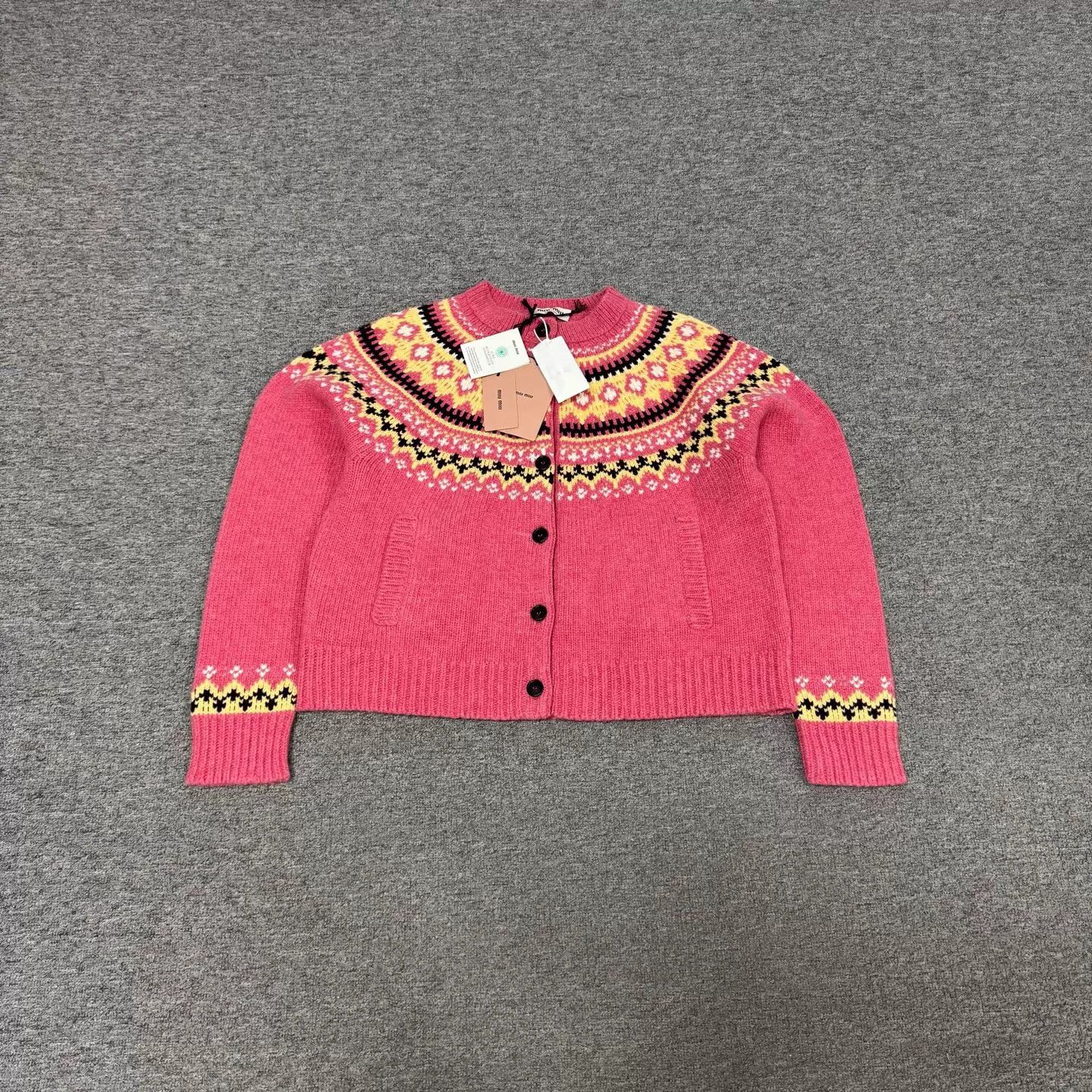 Miu Miu MIU MIU Pink Fair Isle Intarsia Short Cardigan Size S / US 4 / IT 40 - 1 Thumbnail