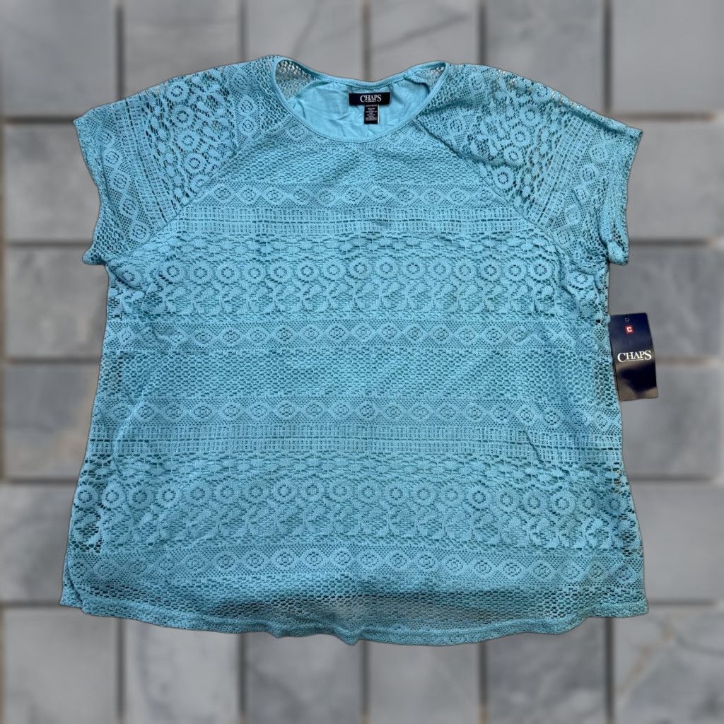 Chaps Chaps Blouse Shirt Women 2X Teal Blue Eyelet Lace Bohemian Knit Crew Neck Short Sleeve Plus Size Modern Casual Mens Womens Size XXL / US 16-18 / IT 52-54 - 1 Thumbnail