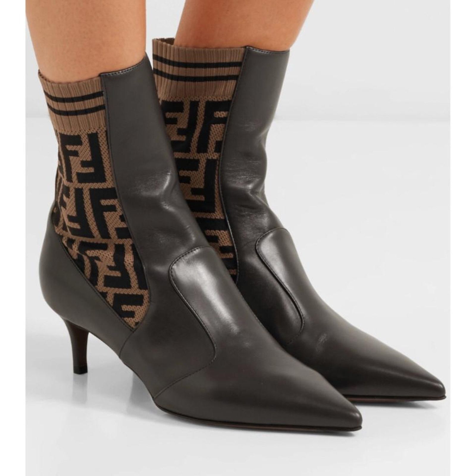 Fendi Rockoko FF logo stretch knit leather ankle boots 36 Size US 6 / IT 36 - 2 Thumbnail