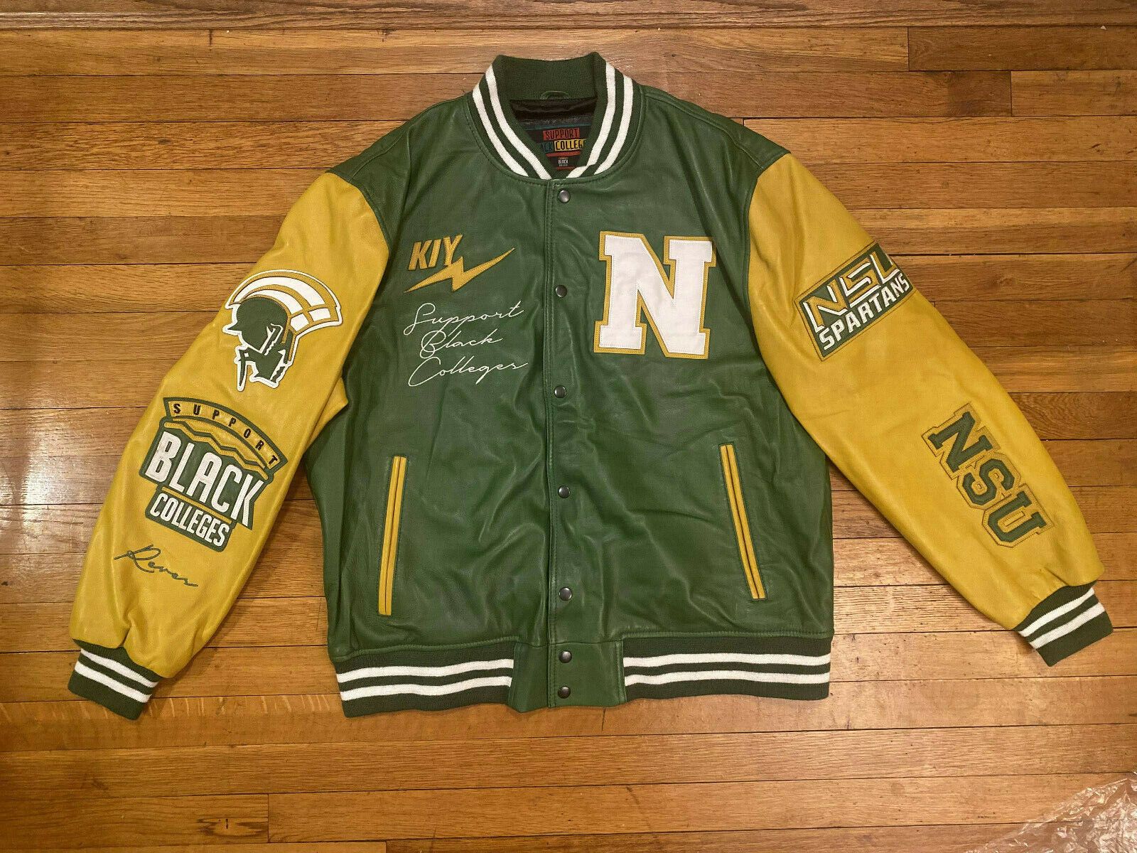 image of Kiy Studios X Sbc Norfolk State Varsity Leather Jacket in Green/Yellow, Men's (Size 2XL)