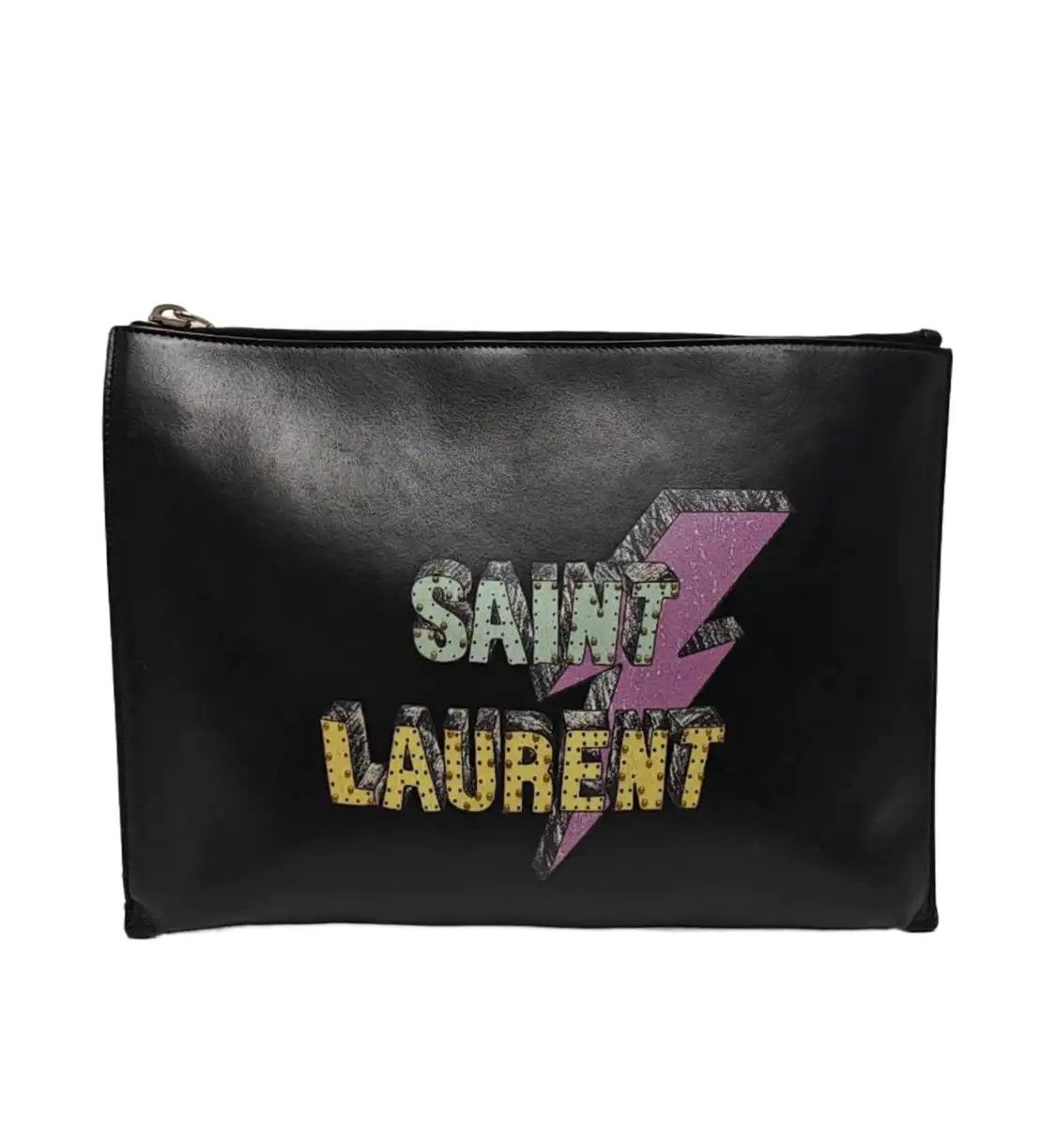 Saint Laurent Paris Ysl Black Cowhide Leather Print Clutch Silver Hardware, Men's