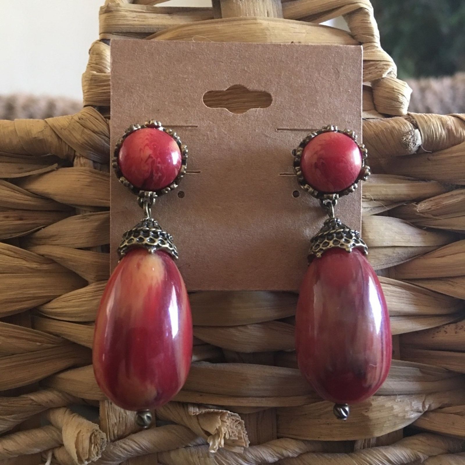 Jewelry Antique Look Brass Setting Glass Drop Earrings in Brown, Women's