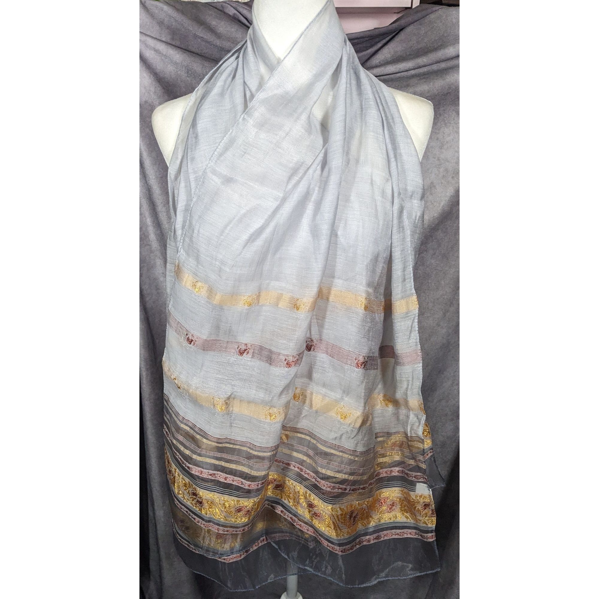 Other Semi Sheer Grey And Gold Metallic Striped Scarf Size ONE SIZE - 6 Thumbnail