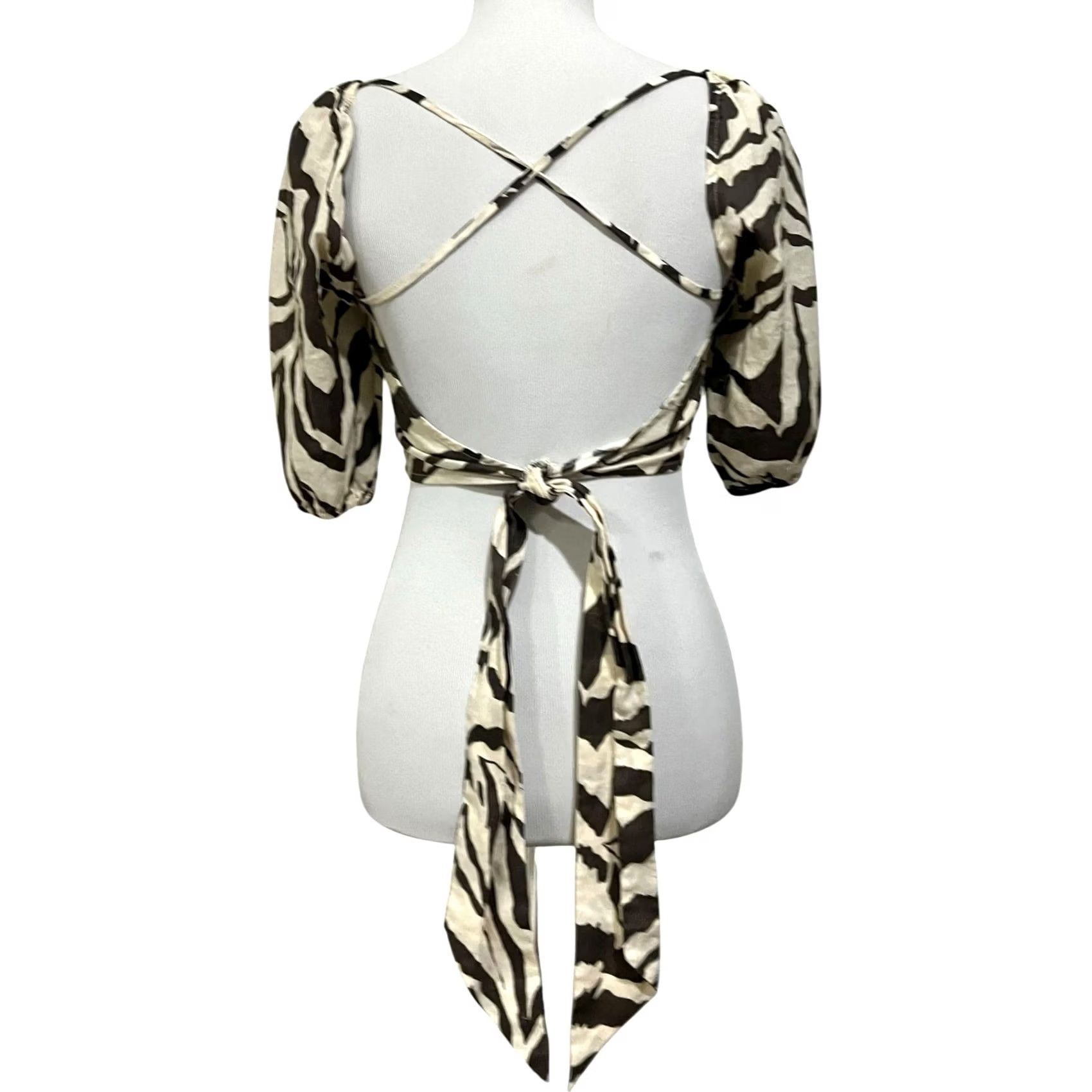 H&M H&M Cropped Top Womens S Beige Zebra Print Linen Slim Square Neck Open Back Shirt" Size S / US 4 / IT 40 - 3 Thumbnail