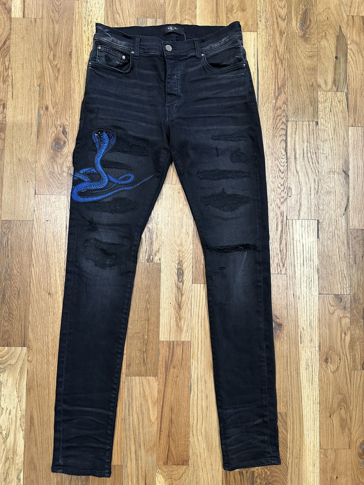 Amiri Blue Cobra Distressed Black Denim Jeans Size 32
