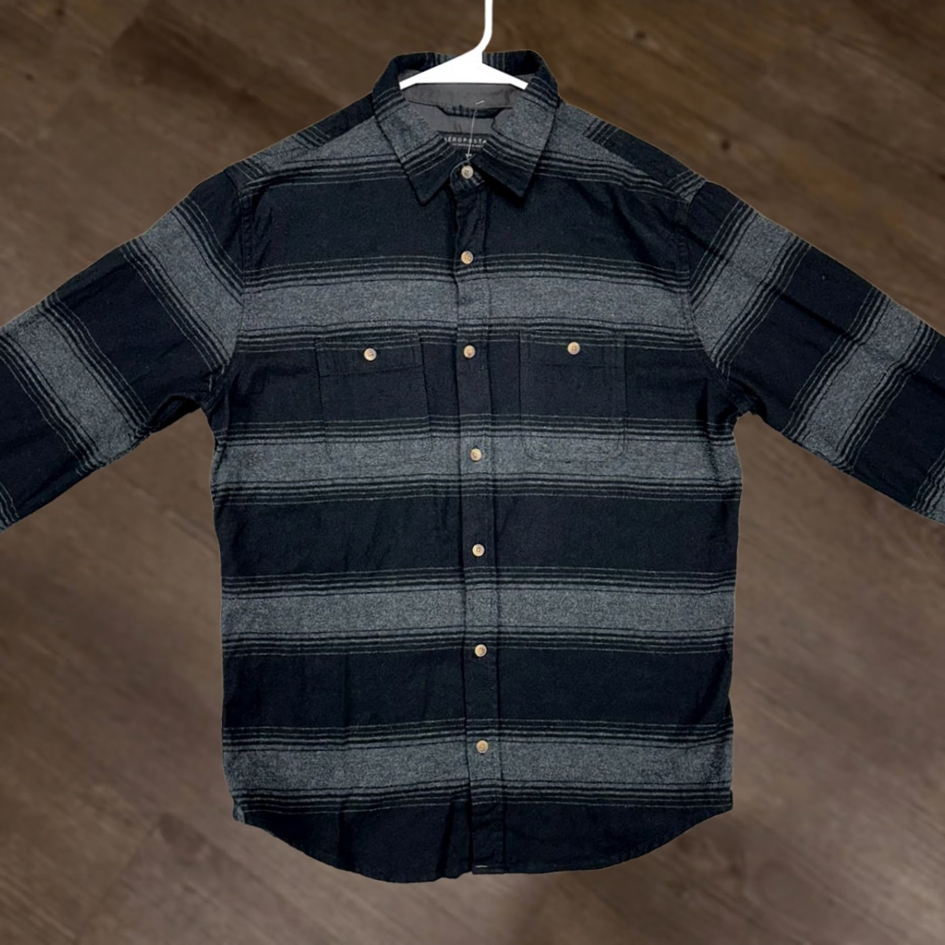 Aeropostale Aeropostale Flannel Shirt Mens Small Black Grey Stripe Flap Pocket Button Up NEW Size US S / EU 44-46 / 1 - 1 Thumbnail