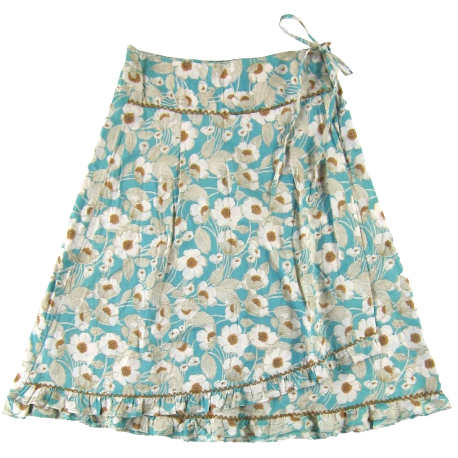 Vintage Pura Vida 100% Cotton Blue White Floral Ruffle Wrap Skirt Women Size 4 Brown Blue Size 27" / US 4 / IT 40 - 2 Thumbnail