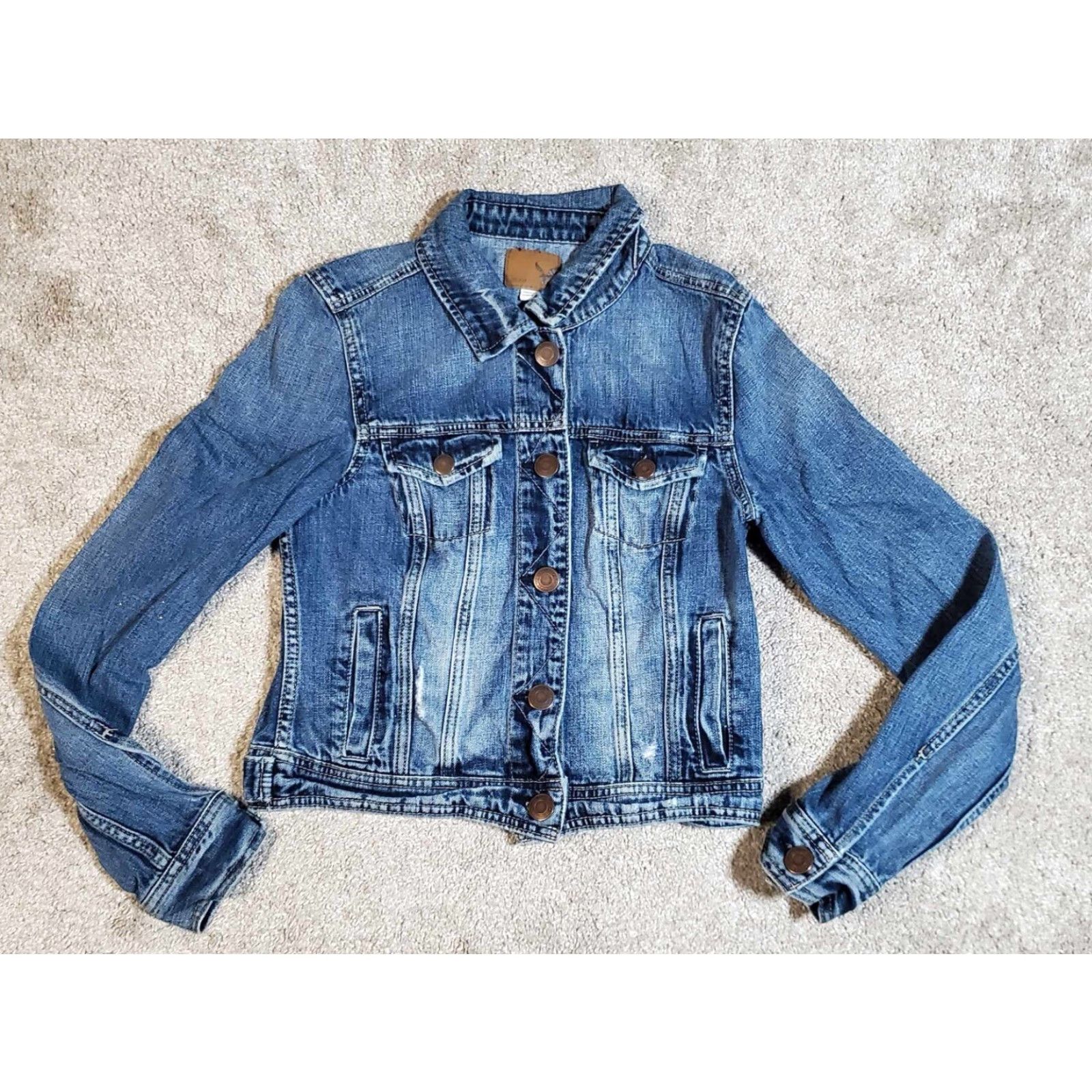 American Eagle Outfitters VINTAGE American Eagle Denim Jacket Womens Small PS Blue Jean Distressed Trucker Size 28" / US 6 / IT 42 - 2 Thumbnail