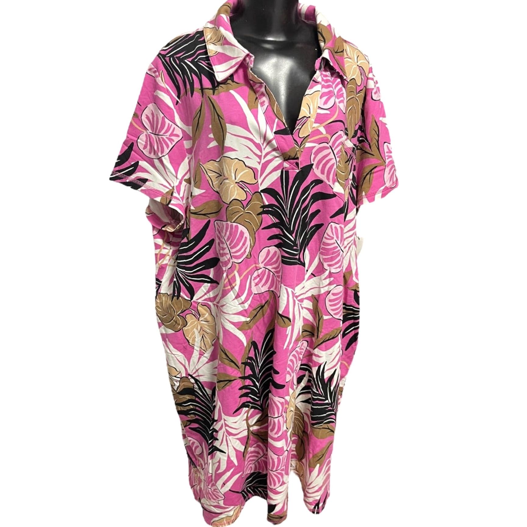 Talbots VINTAGE 3X T by Talbots New Tshirt Dress Tropical Breezy Palm Print Soft Collared Shirt Men 3X Pink Short Sleeve Tall Size 48R - 4 Thumbnail