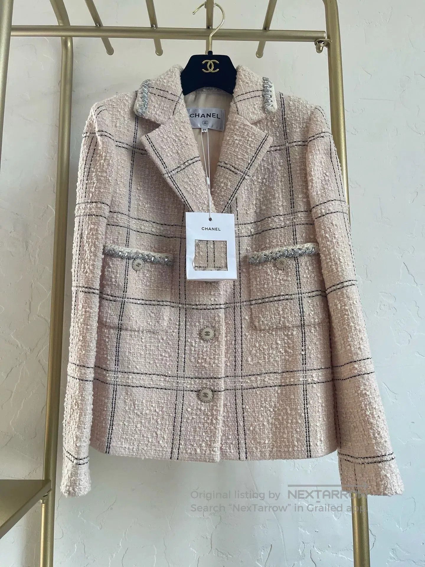 Chanel 2021 Pink Plaid Blazer Coat.