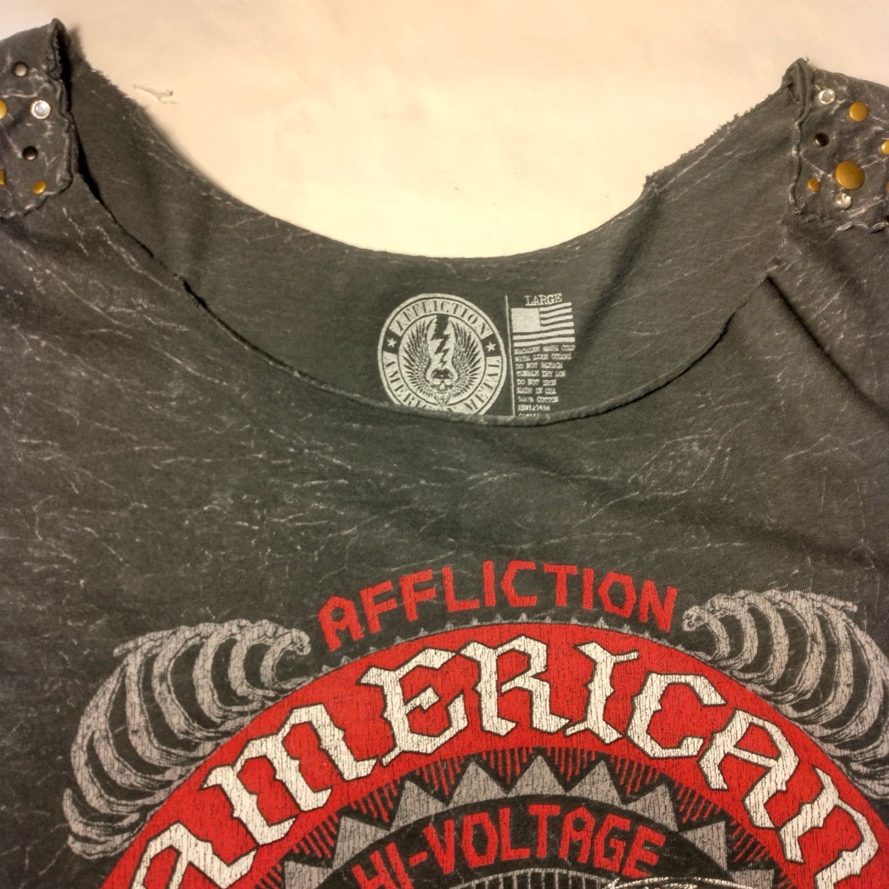 Affliction VINTAGE Affliction Women’s T-Shirt Casual Short Sleeve Round Neck 100% Cotton Black Acid Wash Studded Distressed Metal Style Size L / US 10 / IT 46 - 7 Thumbnail