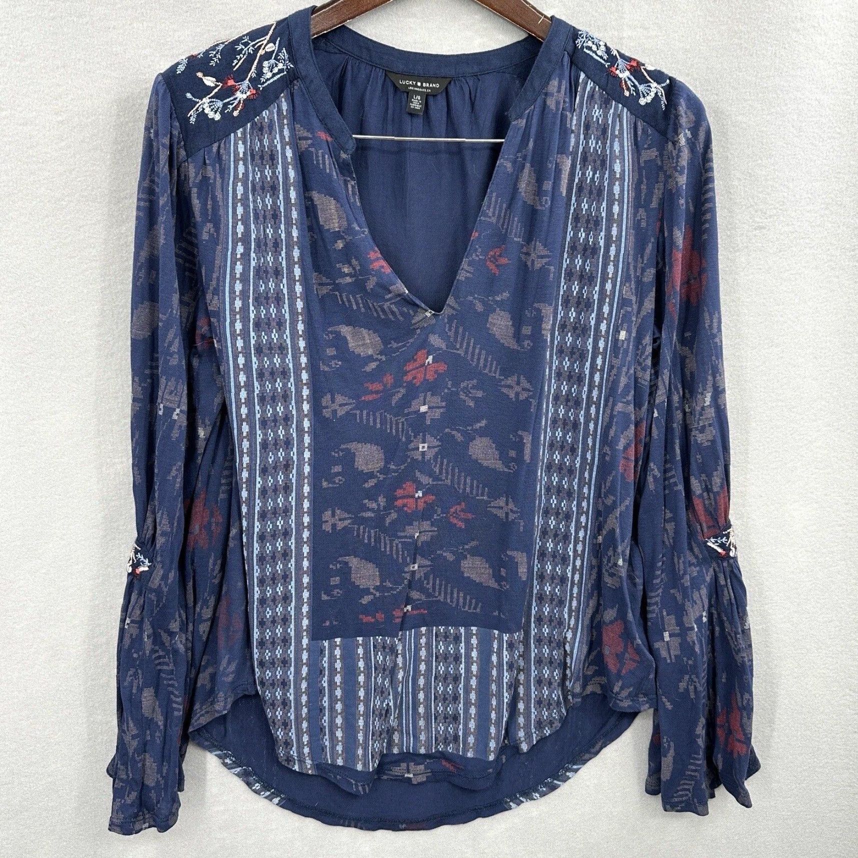 Lucky Brand Lucky Brand Blouse Shirt Womens Large Boho Tunic Long Sleeve Bell Sleeve V-Neck Knit Viscose Blue Floral Boho 70s 80s Modern Womens Size L / US 10 / IT 46 - 2 Thumbnail