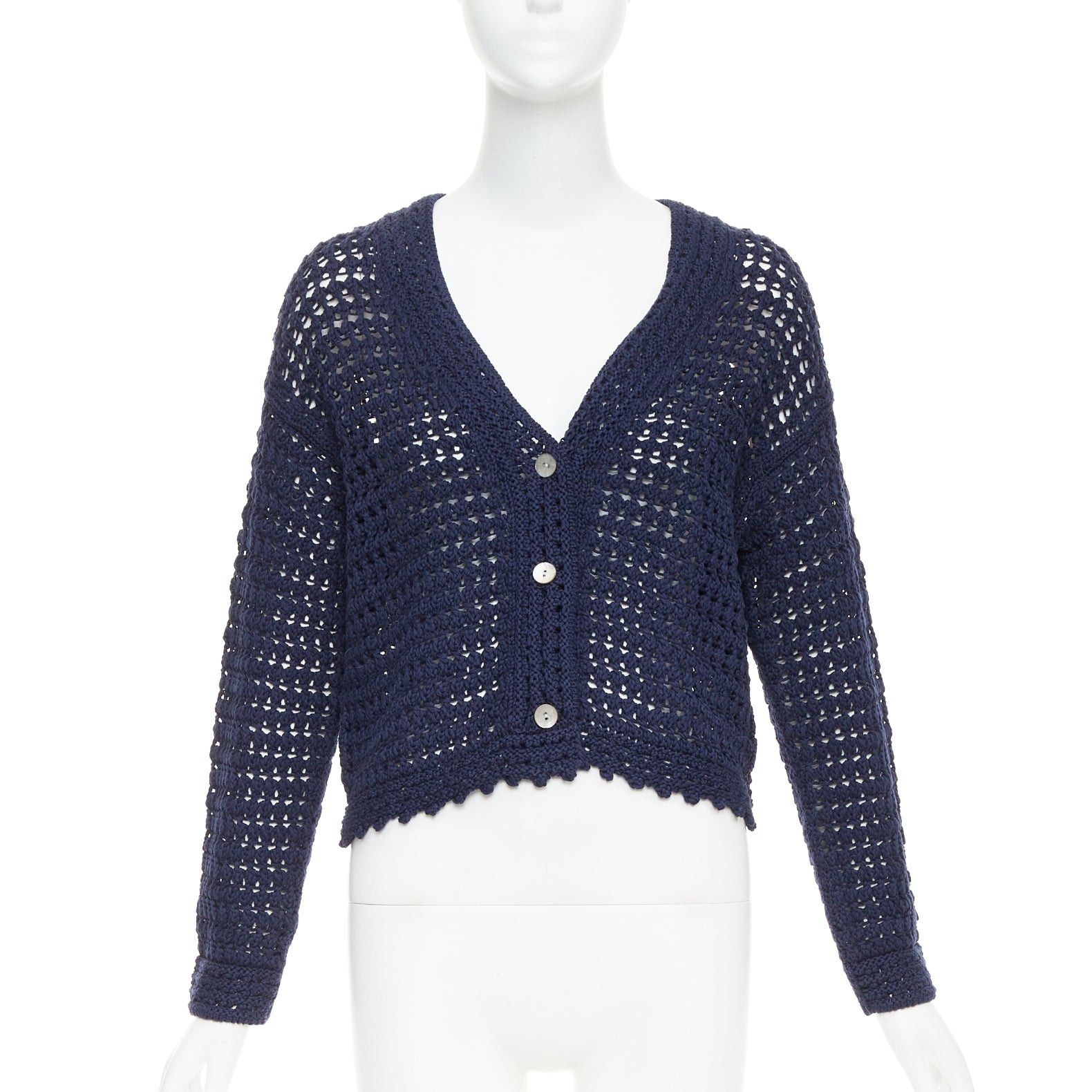 Vince VINCE navy organic cotton crochet open knit scalloped cropped cardigan S Size S / US 4 / IT 40 - 1 Thumbnail