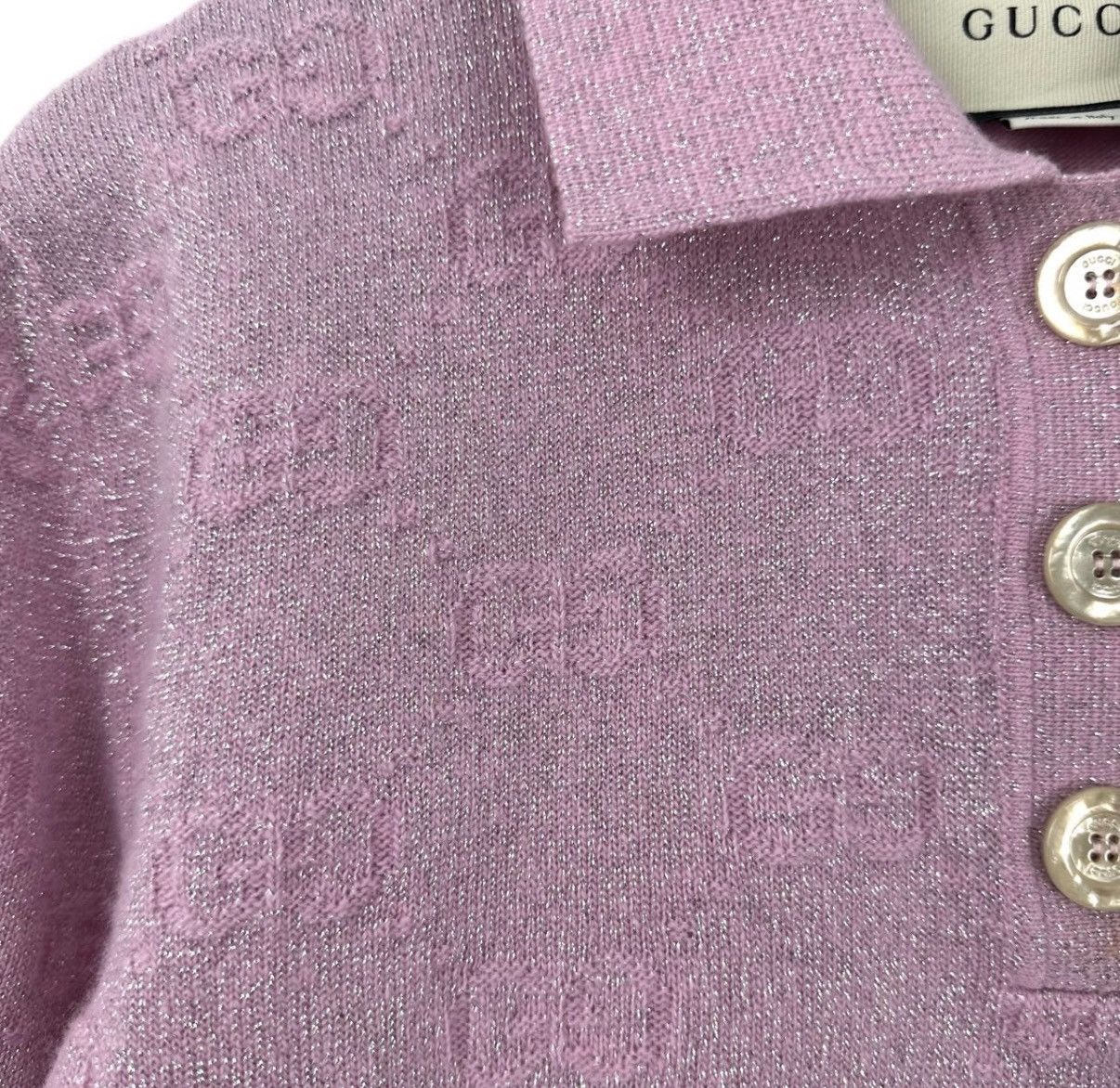 Gucci Gucci/Pink Double G All-Over Print Glitter Polo Knit Top K12 Size S / US 4 / IT 40 - 6 Thumbnail