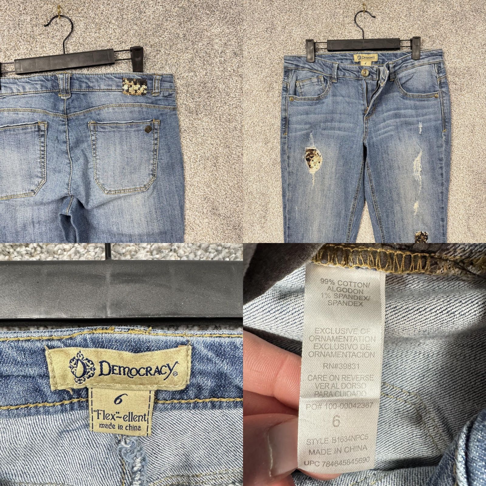 Vintage Democracy Jeans Womens Size 6 Blue Distressed Sequin Mid Rise Skinny Size 28" / US 6 / IT 42 - 8 Thumbnail