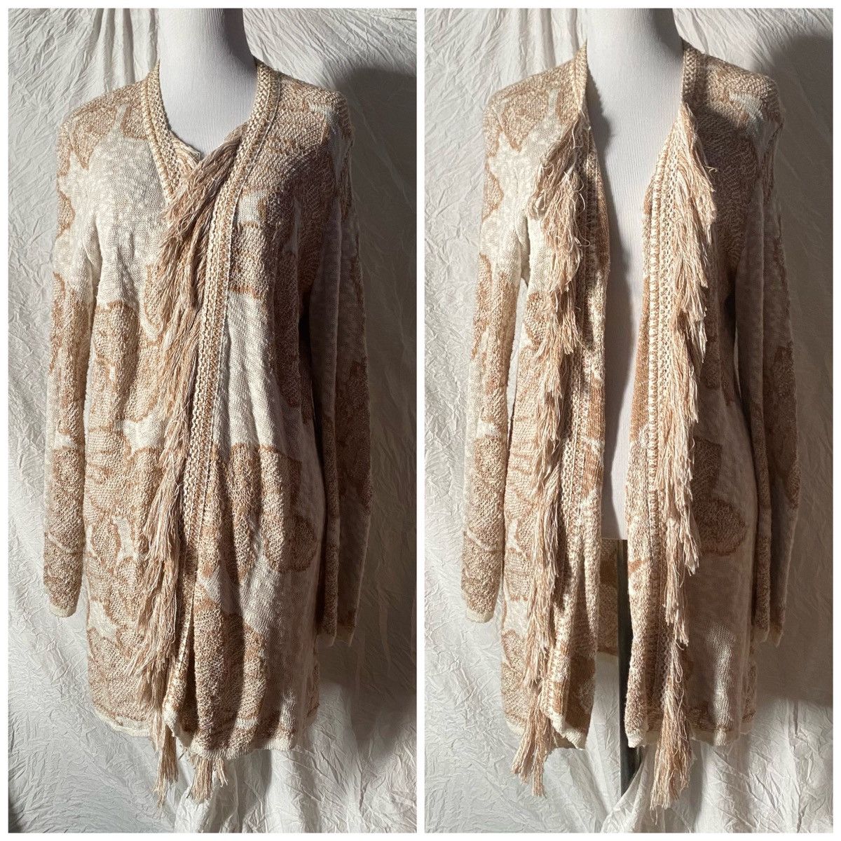 NIC+ZOE NICE + ZOE, Beige/Cream, Floral/Fringed, Open Knit Cardigan Size L / US 10 / IT 46 - 3 Thumbnail