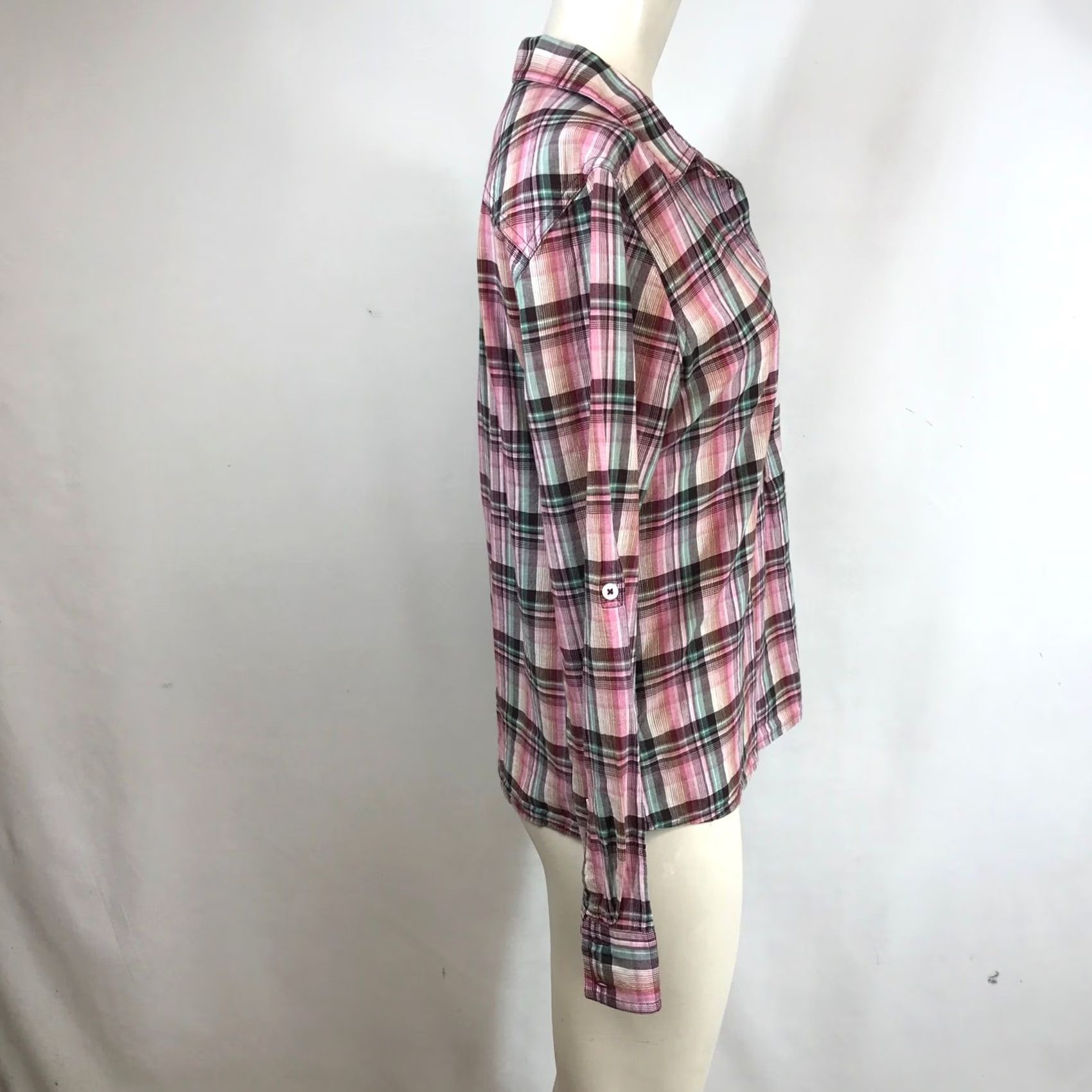 Prana Prana Womens Small Pink Teal Plaid Henley Shirt Top Roll Tab Sleeve Button-Down Shirt Top Size S / US 4 / IT 40 - 4 Thumbnail