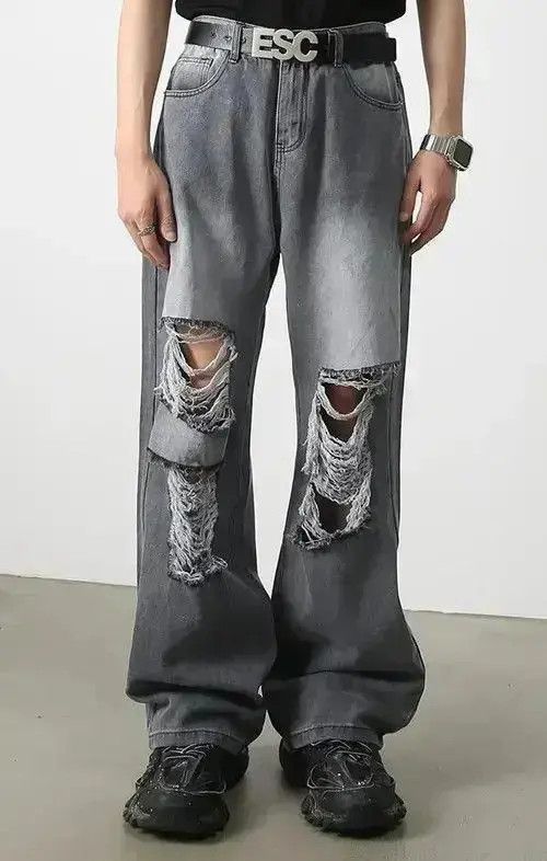Japanese Brand Harajuku Ripped Jeans Men Wide Leg Size US 32 / EU 48 - 5 Thumbnail