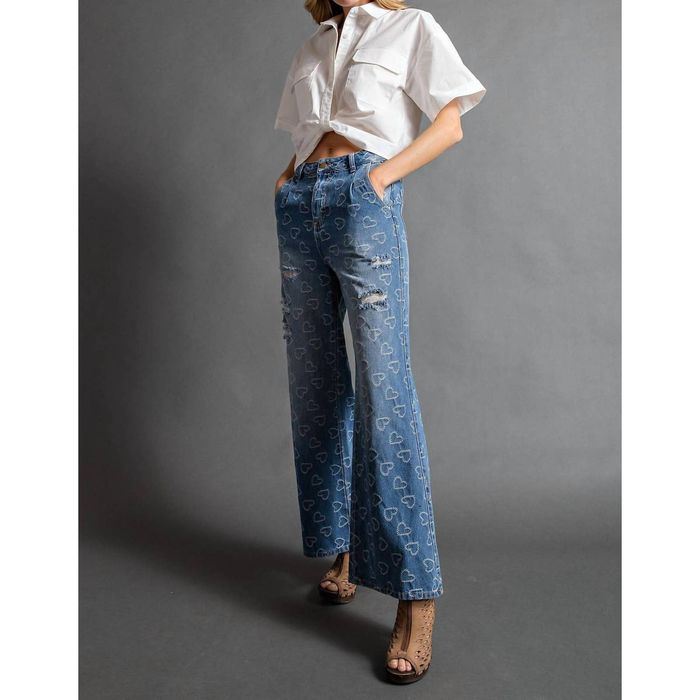 Designer EASEL Wild Heart Wide Leg Denim Jeans In Medium Wash Grailed
