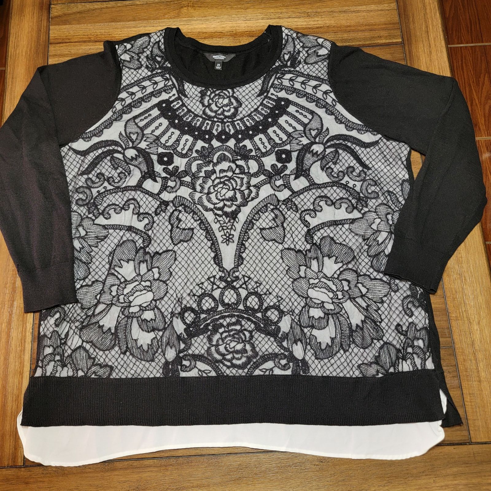 Vera Wang Vera Wang LS Lightweight Sweater Blouse w/ Lace Overlay - 2X Size XXL / US 16-18 / IT 52-54 - 1 Thumbnail