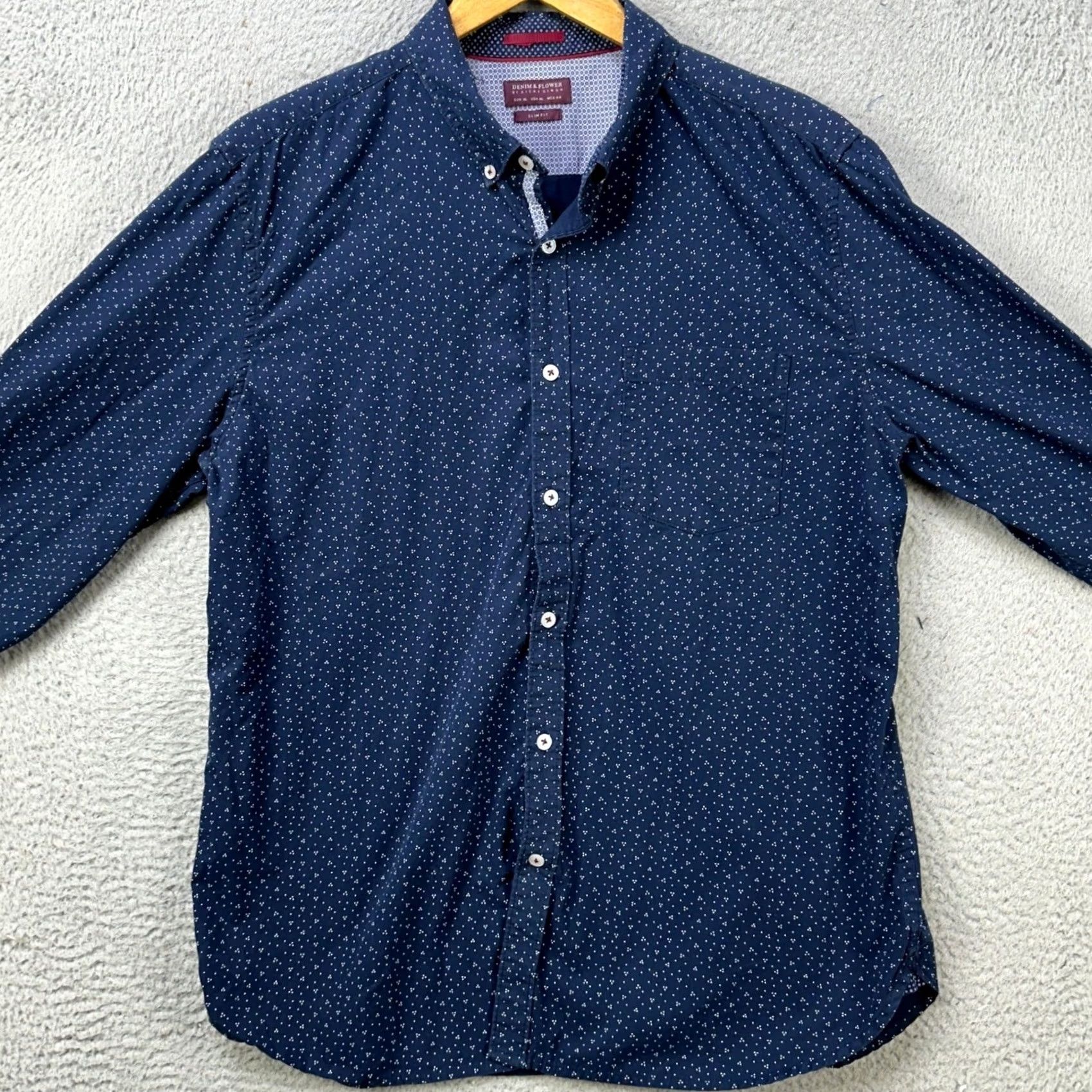 Denime Denim Flower Ricky Singh Shirt Button Down Men XL Blue Dots Slim Fit Short Sleeve Button-Up Casual Shirt Size US XL / EU 56 / 4 - 2 Thumbnail