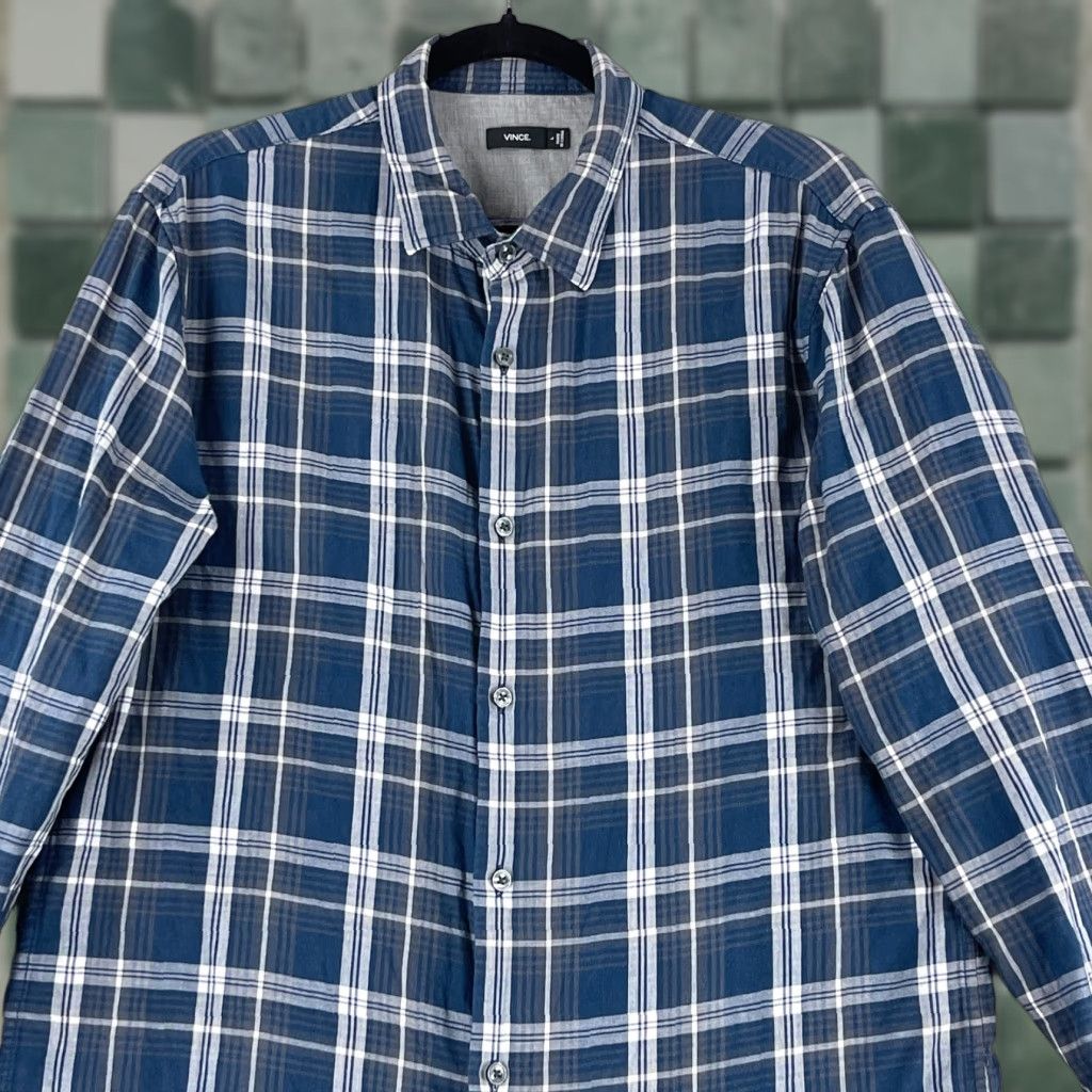 Vince Vince Blue Plaid Button-Up Shirt Mens Large Long Sleeve Cotton 100% Size US L / EU 52-54 / 3 - 1 Thumbnail