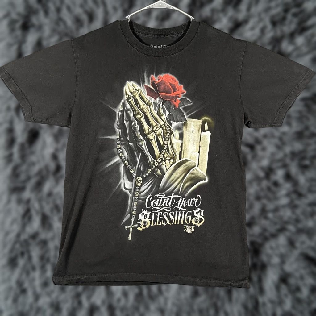 Vintage DyseOne Count Your Blessings Shirt Mens Large Black Skeleton Prayer Gothic Jesus Size US L / EU 52-54 / 3 - 1 Thumbnail