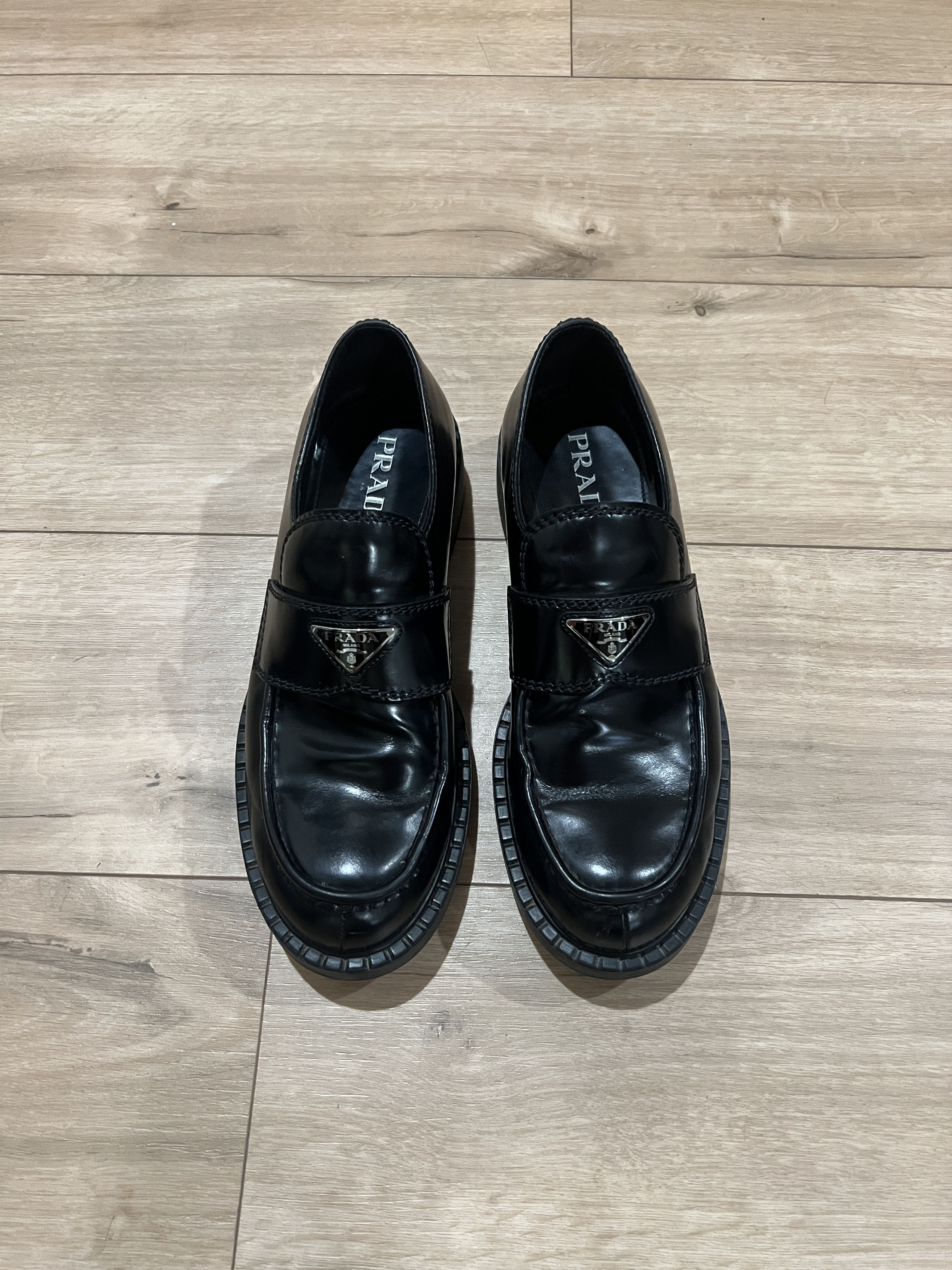 Prada Prada Black Chocolate Brushed Leather Loafers w Box Dust Bag Size US 9.5 / EU 42-43 - 1 Thumbnail