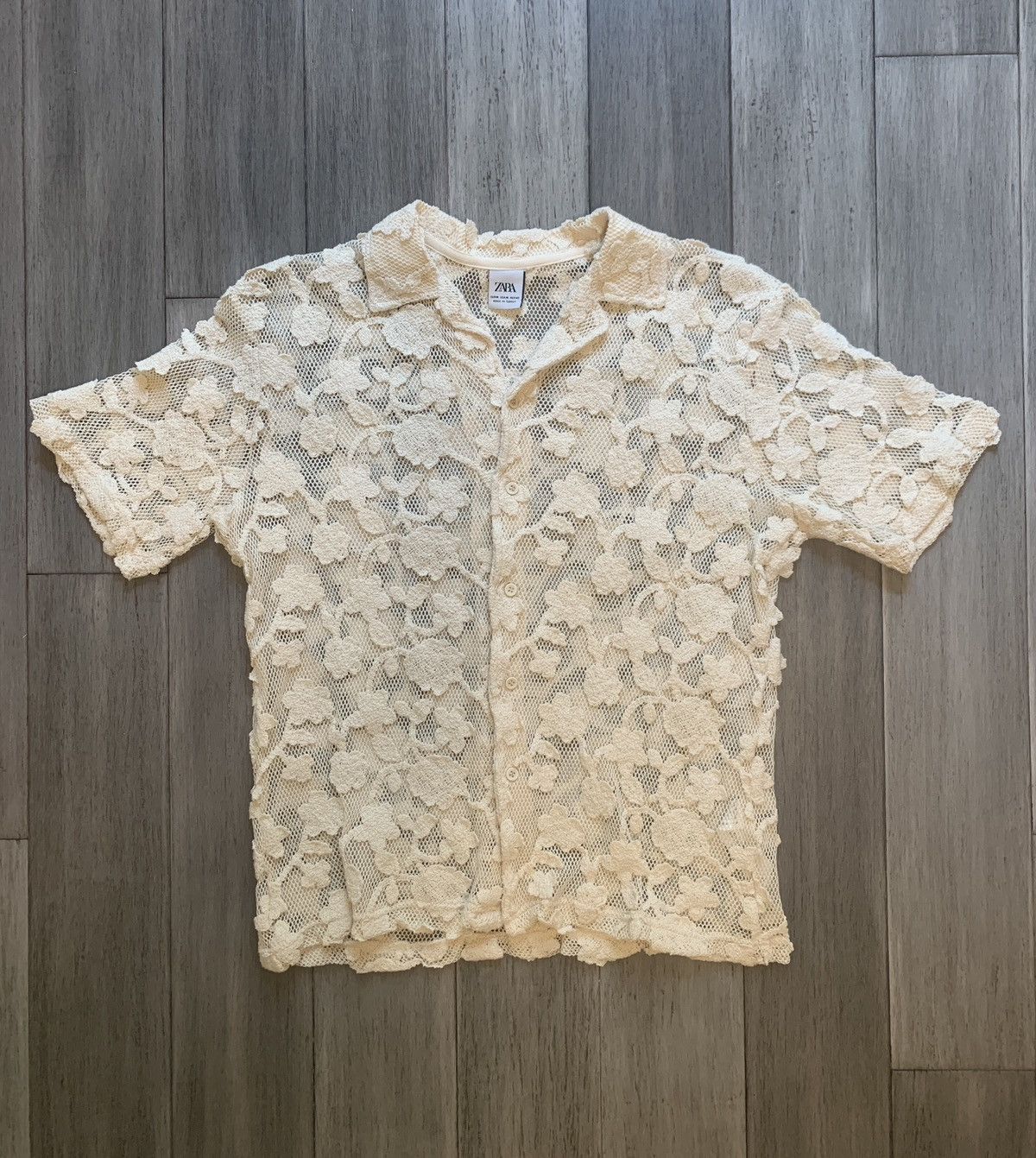 Zara Cream Mesh/Knit Camp Collar Shirt | Grailed