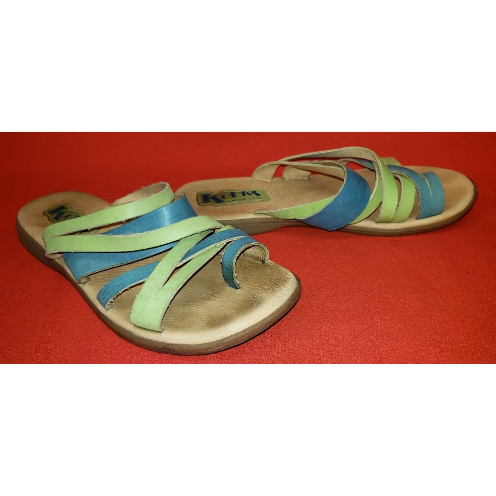 Vintage Korks Women's Strappy Slide Toe Ring Sandals Size 7M Green & Blue Leather Cushioned Insole Casual Shoes Womens Size US 7 / IT 37 - 5 Thumbnail